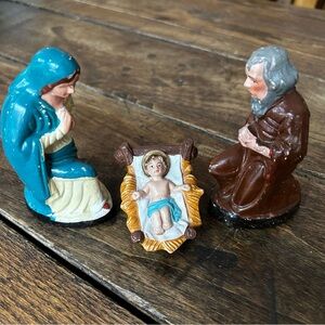 Vintage Holy Family Creche Hand-Painted Nativity Figurine Set Blue, Brown, Cream